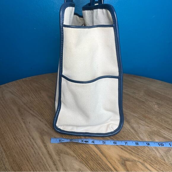 Michael Kors Canvas Leather Trimmed Large Tote Travel Bag Ivory Navy Blue - Picture 15 of 16